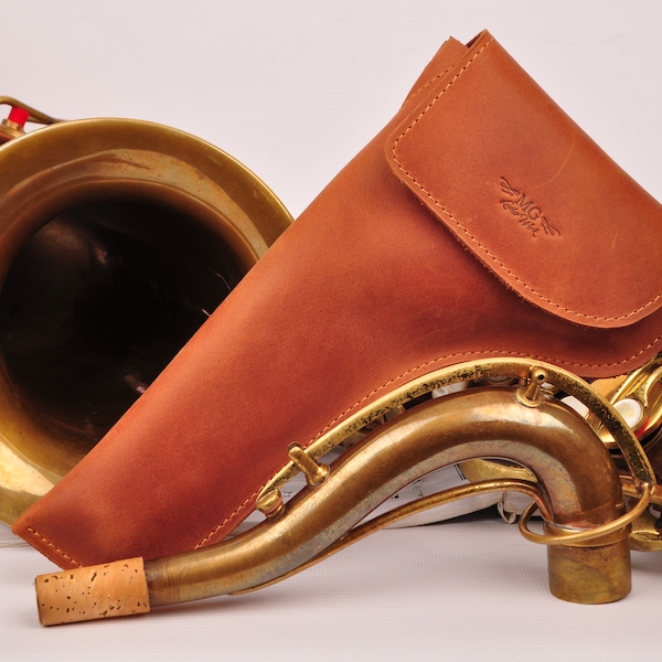 Tenor Saxophone Neck holder made of genuine leather by MG Leather Work, handmade gift for saxophone player, sax neck pouch