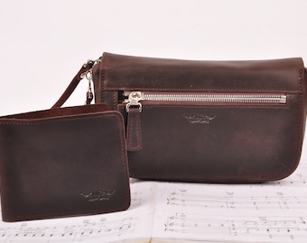 MG Leather Work Trumpet leather holder for 4 or 7 trumpet mouthpieces and leather wallet, trumpet mouthpiece case, trumpet mouthpiece pouch