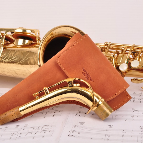 Alto Saxophone Neck holder made of genuine leather by MG Leather Work, saxophone neck pouch, handmade personalized gift for saxophone player