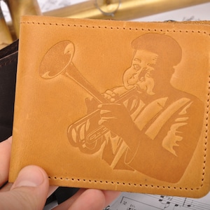 Personalized Leather wallet with Dizi print great gift for trumpet player by MG Leather Work