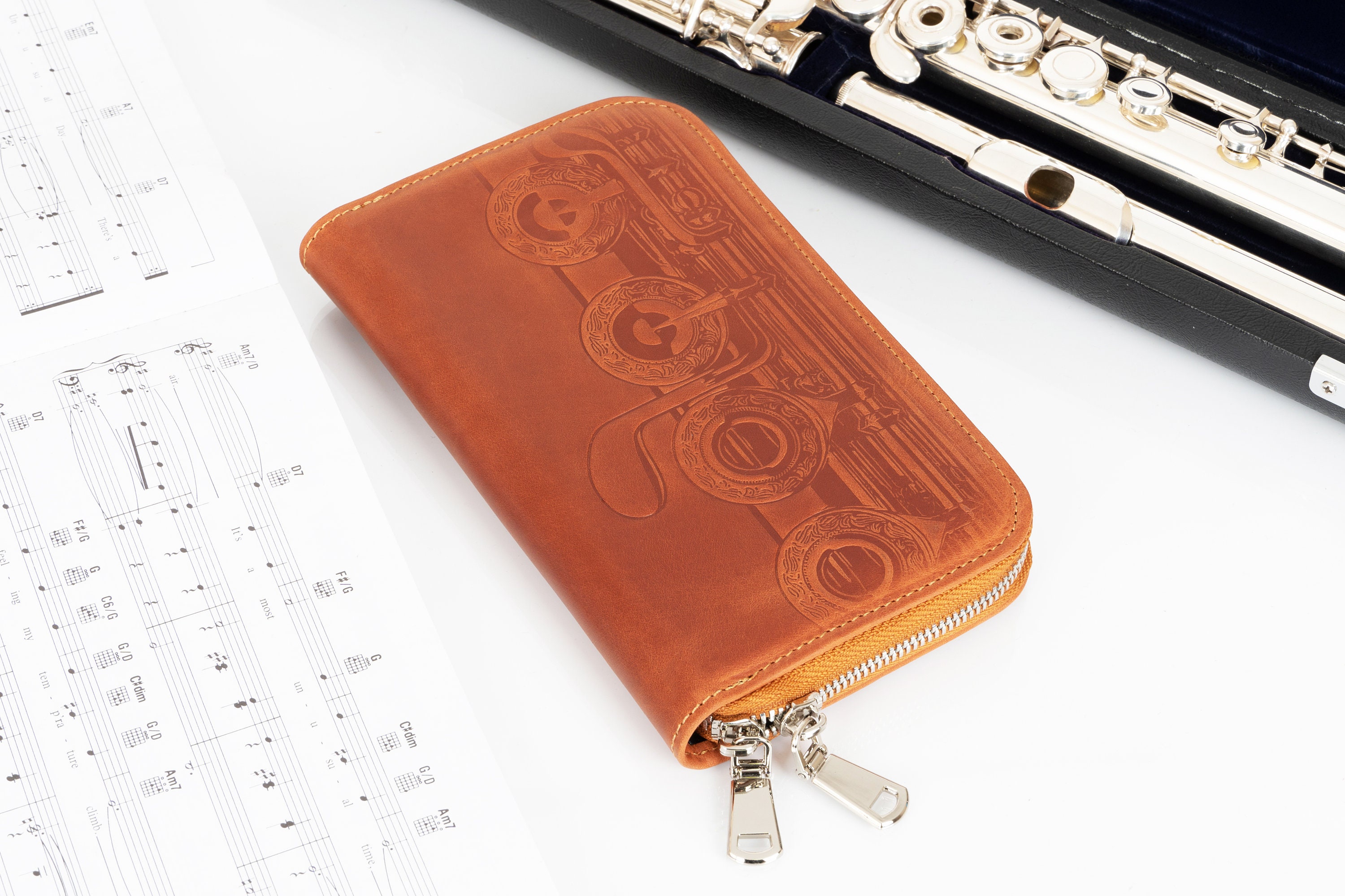 Leather Pouch With Embossing, Zipped Clutch Bag With