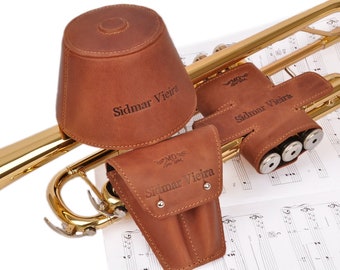 Special set: Trumpet valve guard, plunger mute, double mouthpiece pouch, handmade genuine leather, personalized gift set for trumpet player