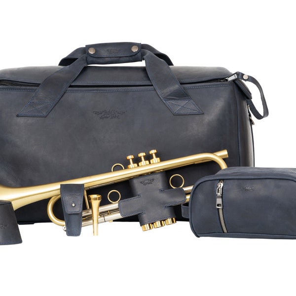 Trumpet gig bag, trumpet valve guard, trumpet mouthpiece pouch, trumpeter traveling bag, trumpet mute, accessories set by MG Leather Work