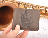 Personalized Leather wallet with Coltrane print great gift for Saxophone player by MG Leather Work Active
