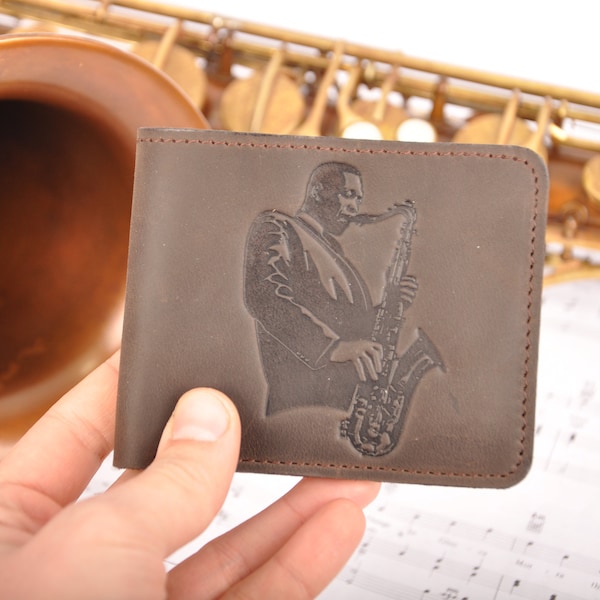 Personalized Leather wallet with Coltrane print great gift for Saxophone player by MG Leather Work Active