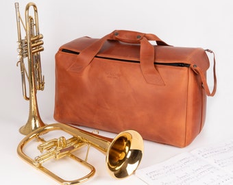 MG Leather Work trumpet bag, double/triple gig bag for flugelhorn, cornet, piccolo trumpet B,C Trumpet, genuine leather trumpet gig bag