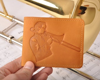 Leather wallet with Miller print great Personalized gift for trombone player by MG Leather Work, trombone player gift, trombone lover gift