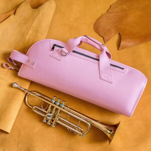 Pink Leather Trumpet Gig Bag: Handmade Detroit Leather, Brass Accessories