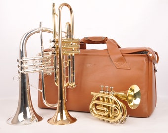 Personalized Trumpet Detroit leather case, double/triple gig bag for flugelhorn, cornet, piccolo, pocket trumpet, C trumpet, MG Leather Work
