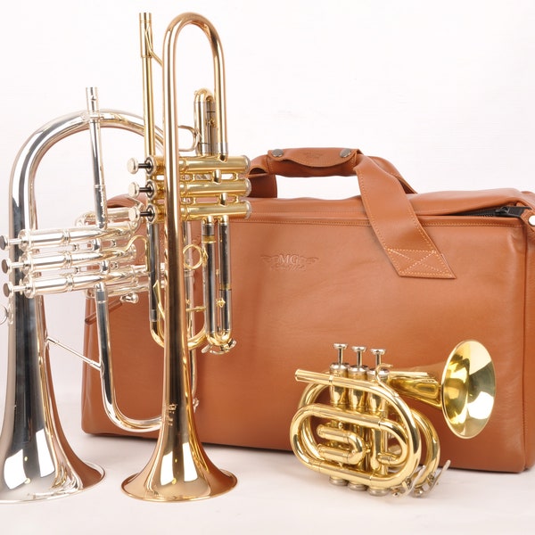 Trumpet case, double/triple trumpet bag, cornet, piccolo, pocket trumpet, C trumpet, flugelhorn, MG Leather Work Personalized trumpet bag