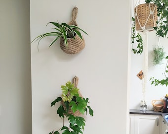 May include: Two hanging plant baskets made of natural fiber with green plants inside. The baskets are hanging on a white wall.