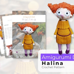 May include: Amigurumi doll crochet pattern for a girl named Halina. The doll is wearing a yellow dress with a purple sweater and purple shoes. The pattern is available for download.