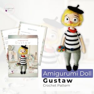 May include: Amigurumi doll crochet pattern for a doll named Gustaw. The doll is wearing a striped shirt, a beret, and holding a paint palette. The pattern is available for download.