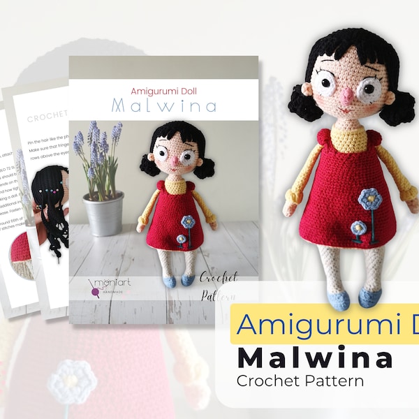 Poupée Amigurumi MODÈLE ANGLAIS - MALWINA, Fille au crochet de printemps, tutoriel crochet pdf, Patron de poupée au crochet intermédiaire, Patron jouet fait main