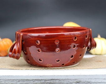 Glossy Red Berry Bowl, Cinnabar, Handmade, Pottery, Custom, Dishwasher safe, Microwave safe, Unique gift, One of a kind, Colander, Strainer