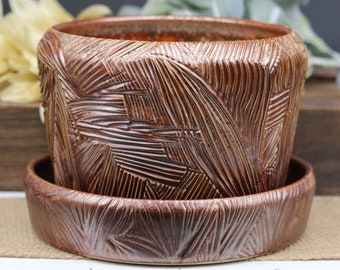 Hand Carved Copper Planter with Drainage Holes (4.75in X 6.75in) and Catch Plate (1.5in X 7.25) Handmade, Ceramic, Unique, One of a kind