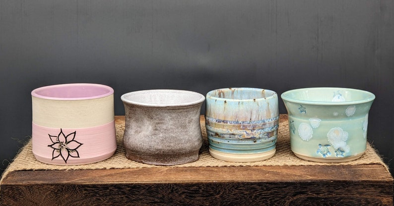 Small Cups - Handmade Pottery, Pink Flower, White on Red Clay, Blue Drippy Multi-Color, Celadon Bloom Blue Sea Turtle, Ceramic, Horseshoes image 5
