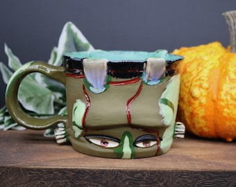 Franken-Stein #1, 18 ounce Ceramic, 18oz, Pottery, Green, Custom, Monster Mug, Frankenstein, Handmade, One of a kind, Unique, Art, Carved