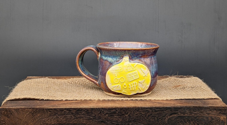 Yellow Pumpkin on Purple 12 Ounce Mug, Handmade Pottery, HP, Witch, Magic, Elf, Rat, Snake, Wand, Snitch, Lightening bolt, Potions image 1