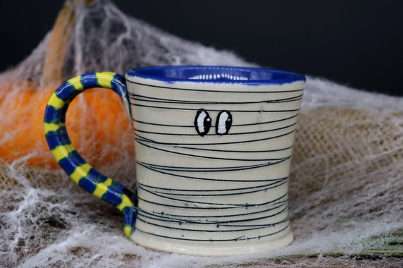 Mummy mug #2, 9 ounce, 9oz, pottery, ceramic, handmade, yellow, blue, Halloween, spooky, Egyptian, unique, custom
