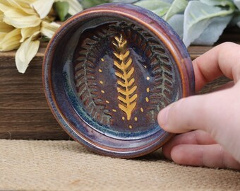 Gold Carved Leaf Purple Trinket Dish, white clay, pottery, handmade ceramics, textured, one of a kind, unique 4.5in X 1in, Dishwasher safe