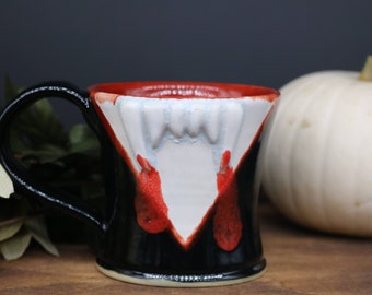 Vampire mug, 8 oz, 8 ounce, Dracula, Bloody teeth, Ceramic, pottery, handmade, custom, one of a kind, art, Halloween, spooky, bram stoker