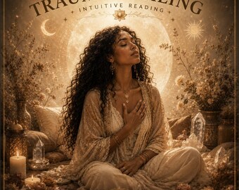 以下が含まれることがあります： TRAUMA HEALING INTUITIVE READINGというタイトルのデジタル画像。長い巻き毛の人物が瞑想のポーズで座っている。大きな月、キャンドル、クリスタル、花々が温かみのある黄金色の背景に描かれている。