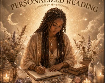 May include: A digital illustration featuring the text PERSONALIZED READING at the top and DIGITAL at the bottom. A person with long braided hair writes in a book surrounded by dried flowers, glowing candles, crystals, and tarot cards.