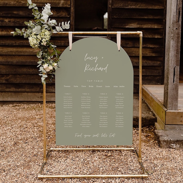 Table seating chart arched Sage green seating plan sage green seating chart wedding template seating plan wedding template table plan Canva