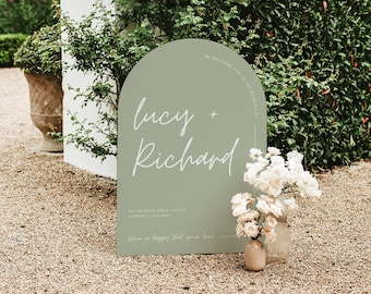 Green wedding welcome sign minimal modern sage reception entrance board contemporary Arched olive rehearsal dinner signage template Canva