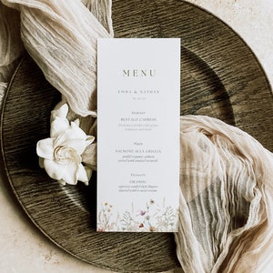 Szablon menu weselnego Wildflower Menu weselne z motywem kwiatowym Menu weselne z motywem sprasowanych kwiatów Szablon karty menu weselnego Wildflower