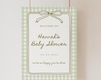 Letrero de bienvenida para baby shower con cuadros verdes, letrero de bienvenida a cuadros verdes, letrero de bienvenida con lazo verde, plantilla imprimible para baby shower