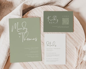 Sage green wedding invitation template Canva sage wedding invitation QR canva invitation suite template wedding invitation sage template