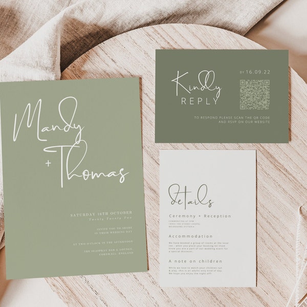 Sage green wedding invitation template Canva sage wedding invitation QR canva invitation suite template wedding invitation sage template