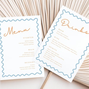 Modelo de menu ondulado Rabisco desenhado à mão Menu de casamento menu colorido e conjunto de cartões de lugar menu de verão menu italiano caprichoso para impressão