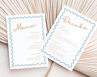 Italian Wedding Menu Template with Place Cards, Colourful Wavy Dinner & Bar Printable, Whimsical Hand Drawn Reception Design