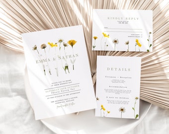 Wildflower Wedding invitation yellow flower wedding invite template spring flower garden pressed flower wedding invite template floral