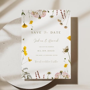 Speichern Sie das Datum Botanischer Garten gepresste Blume DIY Hochzeit Vorlage Anpassbare Rustikale Einladung Boho Blumenmuster Digitales Briefpapier