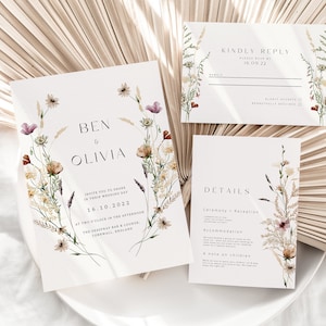 Wildflower Wedding Invitation Canva template floral Wildflower Invitation Set of 3 Pressed Flower meadow flower wedding invitation templates