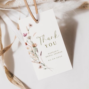 Tarjeta de agradecimiento con flores silvestres, etiquetas de agradecimiento para regalos de boda con flores de acuarela, plantilla de regalo de boda con flores silvestres, flores silvestres para boda