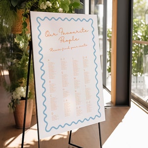 May include: A white sign with a blue border and a scalloped edge. The sign says "Our Favourite People" and "Please find your seats." The sign is on a black easel and has a seating chart with names listed under letters of the alphabet.