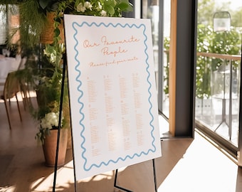 Plano de asientos, divertido y caprichoso, plano de mesa para boda, dibujado a mano, póster de asientos para invitados a la cena de recepción, plantilla moderna ondulada en azul y naranja