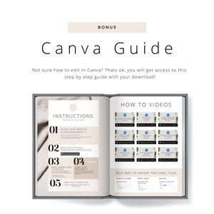 May include: A digital Canva Guide titled "Canva Guide" with "BONUS" at the top. The guide provides instructions, video tutorials, and export options. The guide is open to a double-page spread.