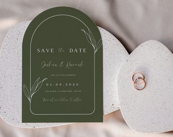 Green save the dates arched save the date Canva template forest green wedding invitation Arch save the date card printable