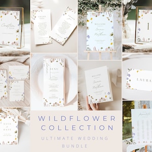 Peut inclure: Une collection de papeterie de mariage sur le thème des fleurs sauvages. L'ensemble comprend des cartes de sauvegarde de la date, des panneaux de bienvenue, des numéros de table, des menus et plus encore. Les designs présentent de délicates fleurs sauvages aquarellées dans des tons de rose, jaune et bleu.