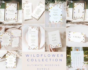Modèle de paquet de mariage de fleurs sauvages de printemps Ensemble de papeterie florale colorée minimale, paquet de panneaux de réception de fleurs pressées bohème d'été Canva
