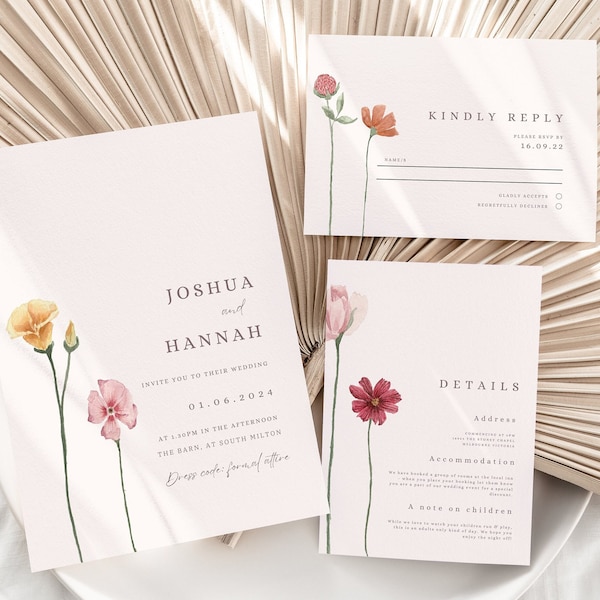 Hochzeitseinladung Canva Vorlage floral download Einladungskarte Wildblumen Hochzeitseinladung Wiesenblume Hochzeitseinladung Vorlagen Canva