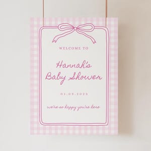 Pink Gingham Baby Shower Welcome Sign: Plaid & Bow Design (Printable Template)