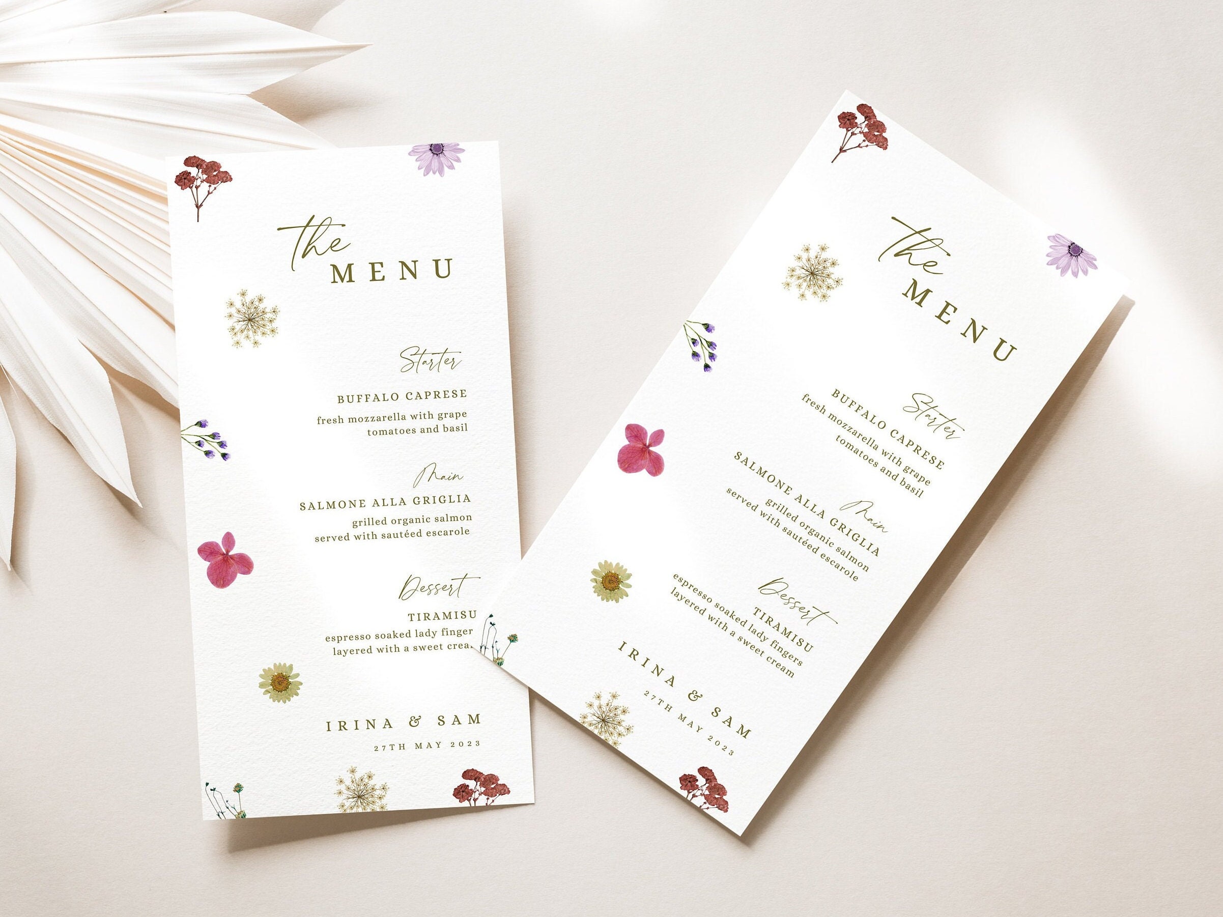 Wildflower Wedding Menu Template, Printable Reception Menu with Pressed Flowers, Bridal Shower Brunch Food & Drinks Stationery