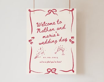 Handwritten welcome sign template whimsical scribble illustration welcome wedding sign wavy border fun wedding template hand drawn